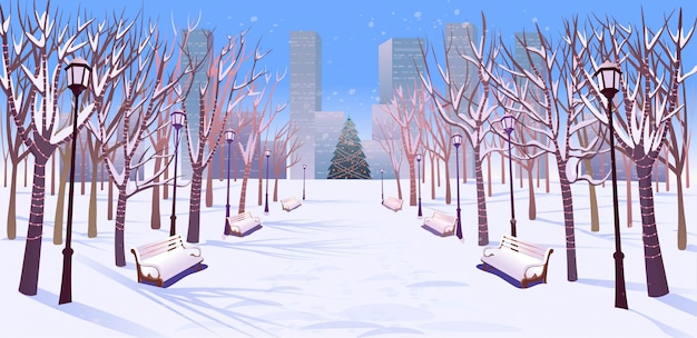 Download Panorama road over the winter park with benches, trees, lanterns and a garland day light. vector ...