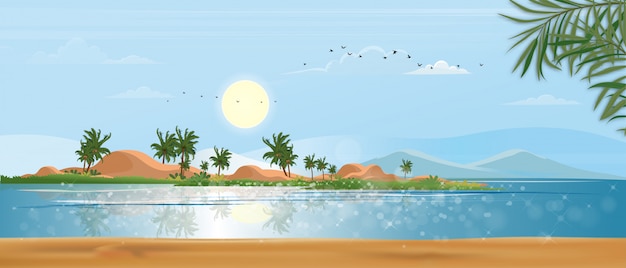 パノラマビュー島 パノラマの海のビーチ 青い空と砂の夏の休日の風景海辺のイラストフラットスタイル自然の青い海とヤシの木の熱帯の海の景色 プレミアムベクター