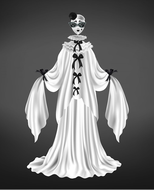 パントマイムピエロ女性キャラクタースーツ 道化師の衣装 サーカスコメディアンの悲しいマスク 長袖と白いドレス 分離された黒の弓現実的なベクトルイラスト 無料のベクター