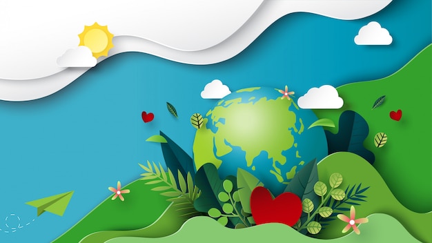 Premium Vector | Paper art of green environment and earth day concept