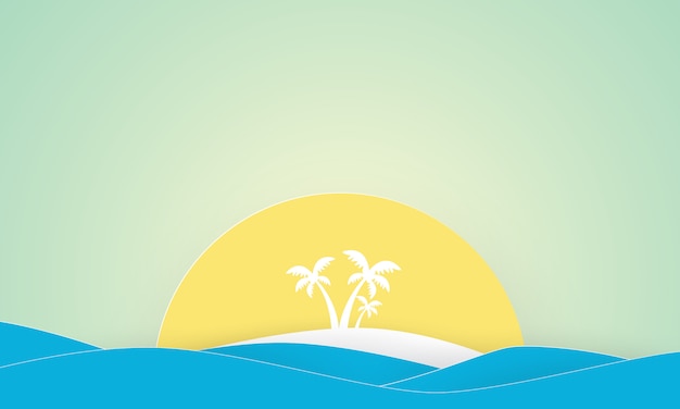 Paper art of island with palm trees | Premium Vector