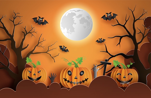 Premium Vector | Paper art style of pumpkins with scary face on cloud ...