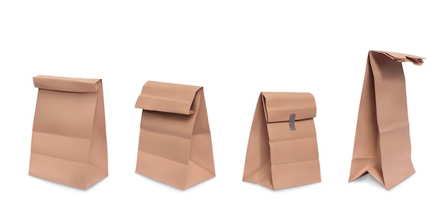紙袋 食事のための茶色の紙の食料品の袋の現実的なイラストのセット 無料のベクター