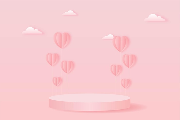ペーパーカット幸せなバレンタインデーのコンセプト ピンクの空の背景のペーパーアートスタイルの雲 ハート形の風船と幾何学形の表彰台のある風景 プレミアムベクター