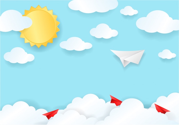 Paper cut of white and red plane on blue sky with cloud and sun light Premium Vector