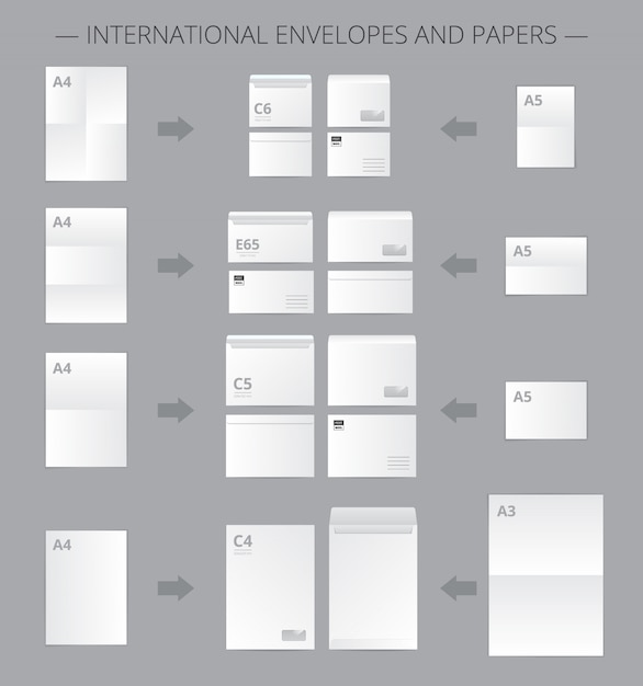 Paper documents set with realistic images of mail envelopes and suitable blank paper sheets connected by arrows vector illustration Free Vector