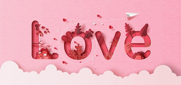 Premium Vector Paper Plane With Heart Balloon Floating In The Sky Love Text In Paper Illustration Paper