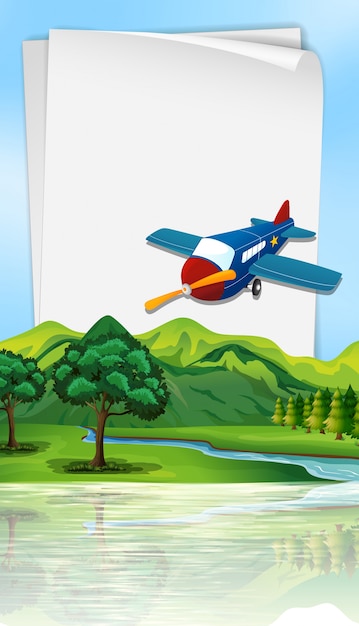 Paper template with plane flying over
river