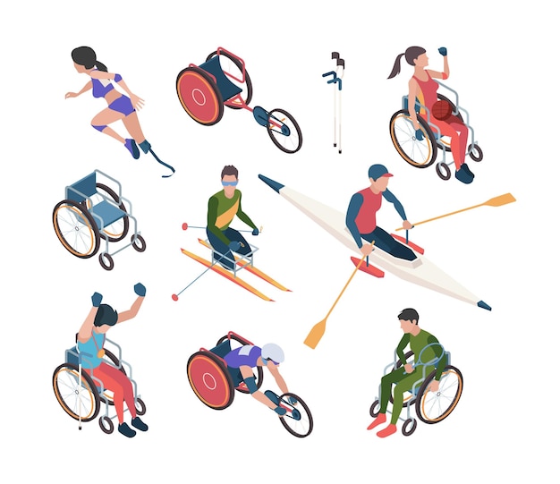 パラリンピックゲーム オリンピックスポーツのお祝いのベクトル等角投影文字の運動障害者 車椅子でのスポーツ 障害者とパラリンピックのイラストの競争 プレミアムベクター