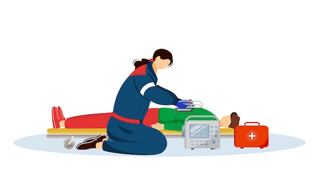 救急救命士が除細動器のイラストで応急処置をします 救急医 衛生兵 負傷した患者の漫画のキャラクター 蘇生 緊急医療専門医 白の救助者 プレミアムベクター