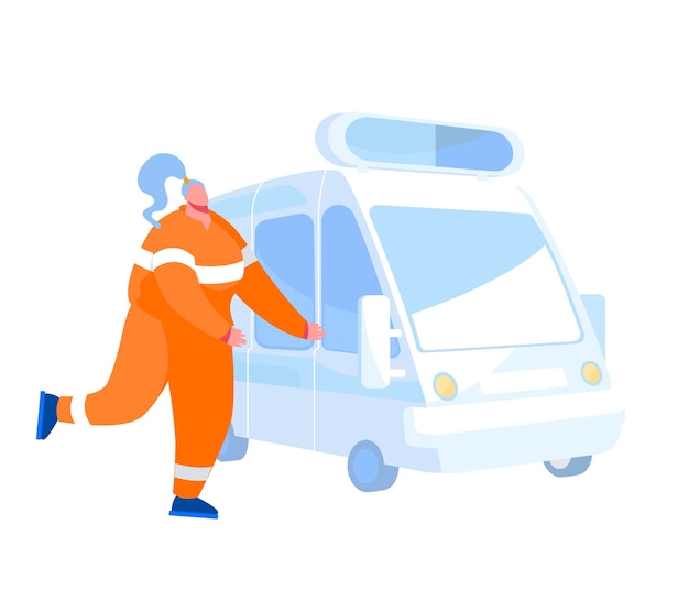 オレンジ色の制服を着た救急救命士または救急隊員の女性キャラクターが救急車に走ります 職場の医療スタッフ 医療サポート および病気の人の医師の職業への支援 漫画 プレミアムベクター