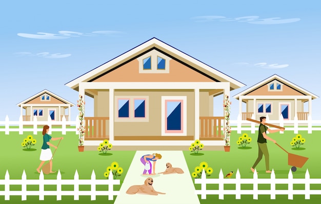 Premium Vector | Parent-child family cleaning the garden in front of the  house