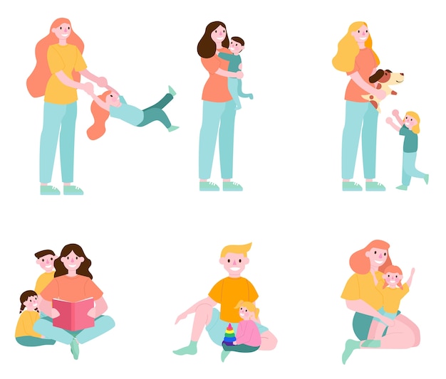 Premium Vector Parent And Child Set Happy Woman And Kid Spend Time Together Father Holding His Child Kid Playing And Hugging With Parent Set Of Illustration