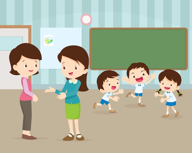 Premium Vector | Parent meeting with teacher in classroom