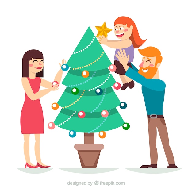 Parents helping their daughter to decorate a christmas