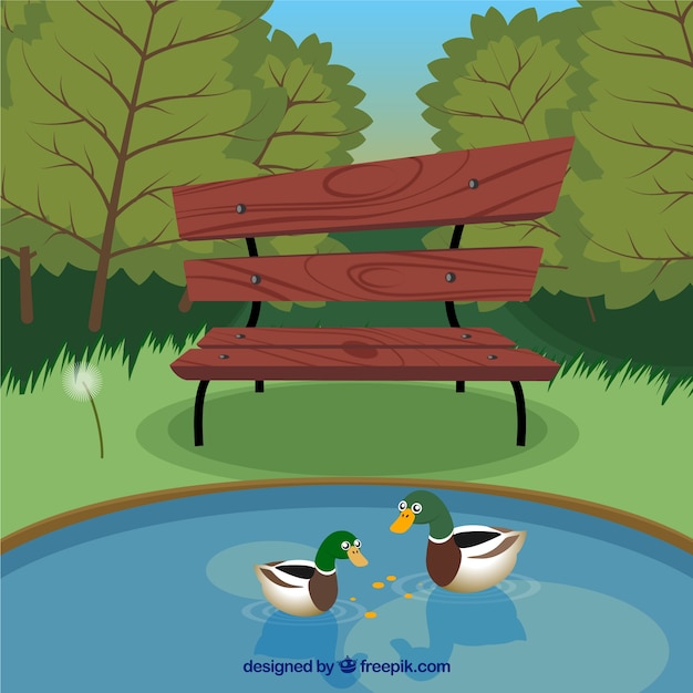 Park with bench and duck in the lake