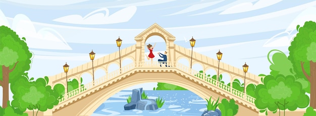 川や水のイラストに架かる橋のある公園 プレミアムベクター