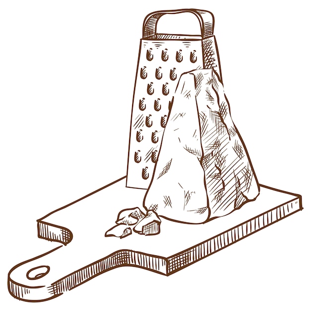 Parmesan on the board and a grater vector sketch hand drawing Premium Vector