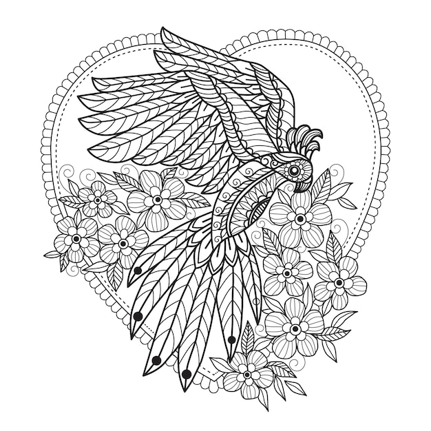 Parrot And Flowers Coloring Pages For Adults Premium Vector