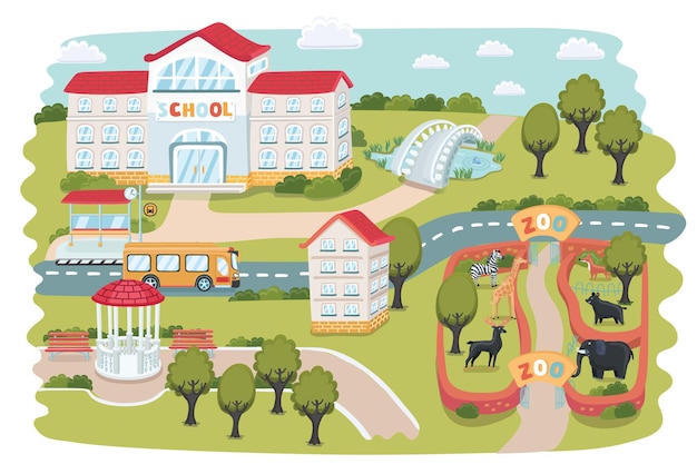 Premium Vector | Part town maps. zoo with animals, house, trees,gazebo ...