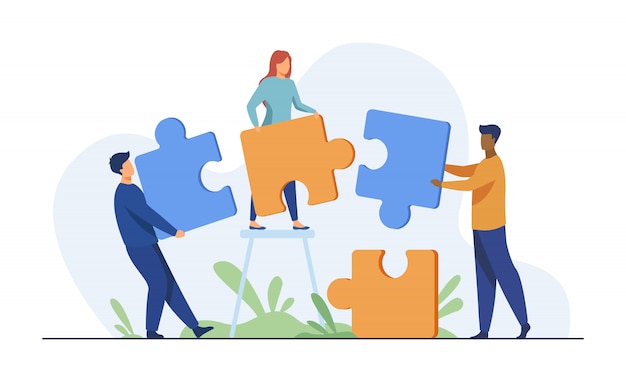 Partners holding big jigsaw puzzle pieces Free Vector