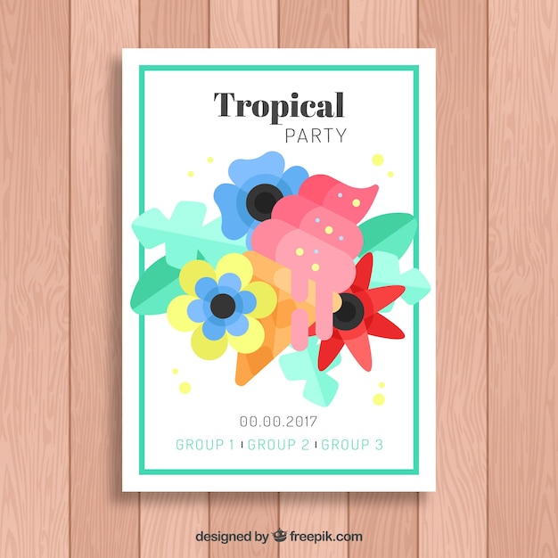 Party brochure with ice cream and tropical
flowers in flat design