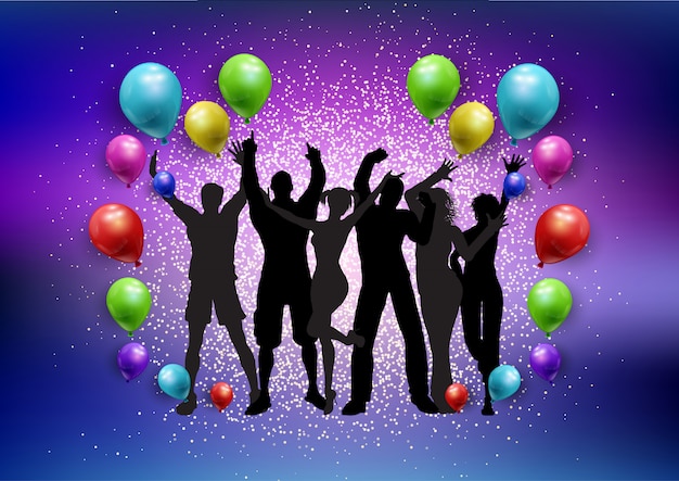 Party crowd on a balloons and glitter\
background