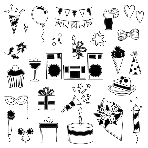 パーティーイラスト 面白い誕生日ディスコ音楽パーティーシンボルお菓子ケーキと飲み物のシルエット イラストシルエット プレミアムベクター