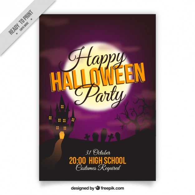 Party poster with a castle and a cemetery for
halloween