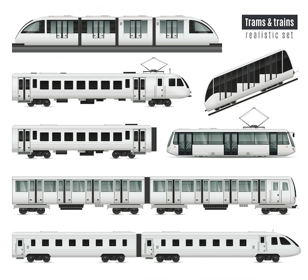 公共の鉄道車両と電気路面電車のイラストの孤立した画像で旅客路面電車現実的なセット 無料のベクター
