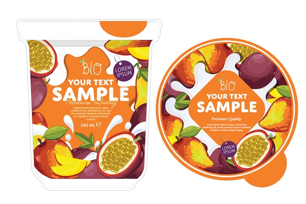 Download Passion fruit mango yogurt packaging design | Premium Vector