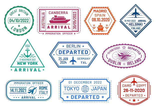 Premium Vector Passport Visa Stamps Immigration Border Control Airport Arrival And Departure