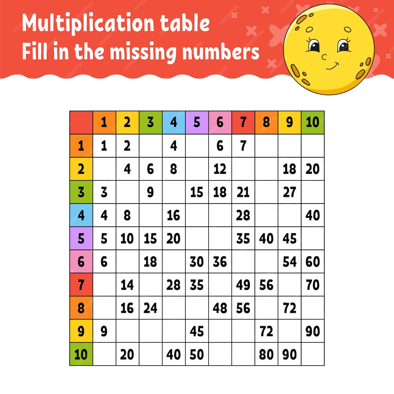 Premium Vector | Paste the missing numbers. learning multiplication table.