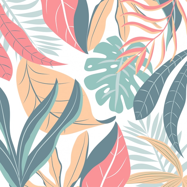 Premium Vector | Pastel background with colorful tropical leaves