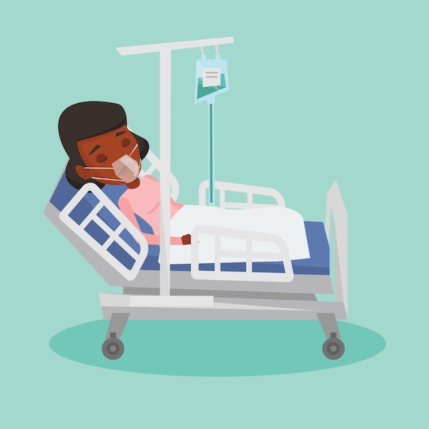 酸素マスクで病院のベッドに横たわっている患者 プレミアムベクター