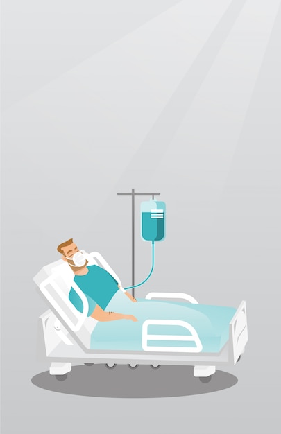 患者は酸素マスクで病院のベッドで横になっています プレミアムベクター