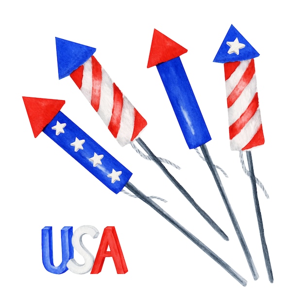 愛国的な花火セット 7月4日のアメリカのお祝いパーティー水彩画アメリカ独立記念日の独立記念日 旗の日パーティーの装飾 青赤星ストライプアメリカ国旗色イラスト プレミアムベクター