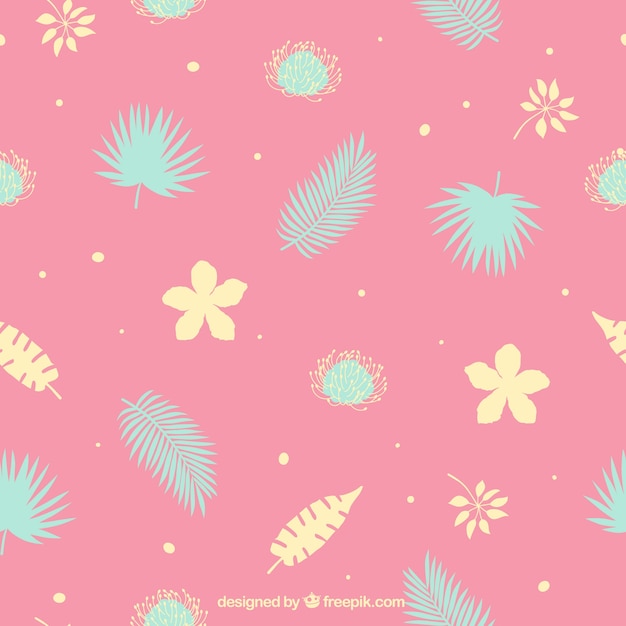 Pattern with blue and yellow leaves with pink
background