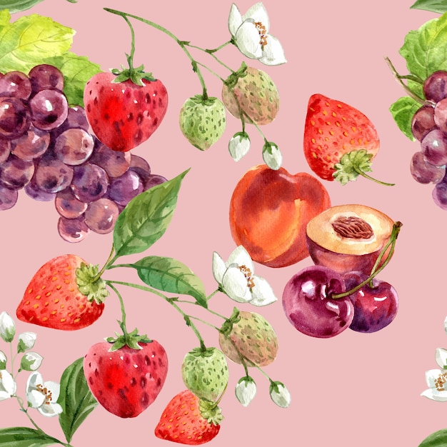 ブドウ イチゴ チェリー シームレスなピンクの背景イラストテンプレートのパターン 無料のベクター