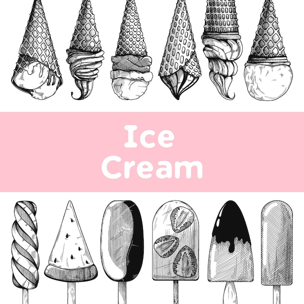 プレミアムベクター アイスクリームのパターン リアルなアイスクリーム スケッチスタイルのイラスト