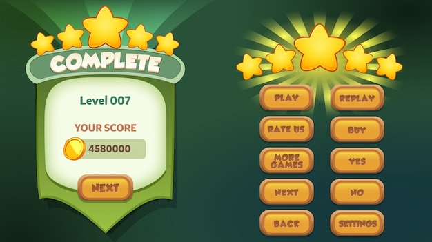 Pause menu scene pop up with sound music and buttons game ui complete menu Premium Vector
