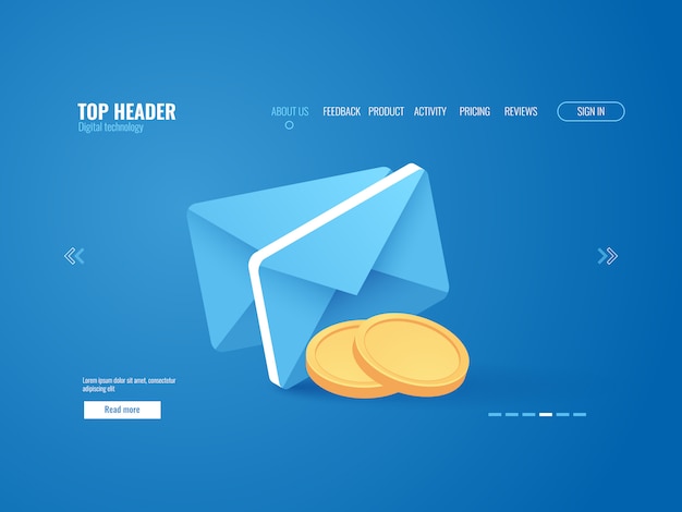 Payment notification concept, envelop with gold coin money, email Free Vector