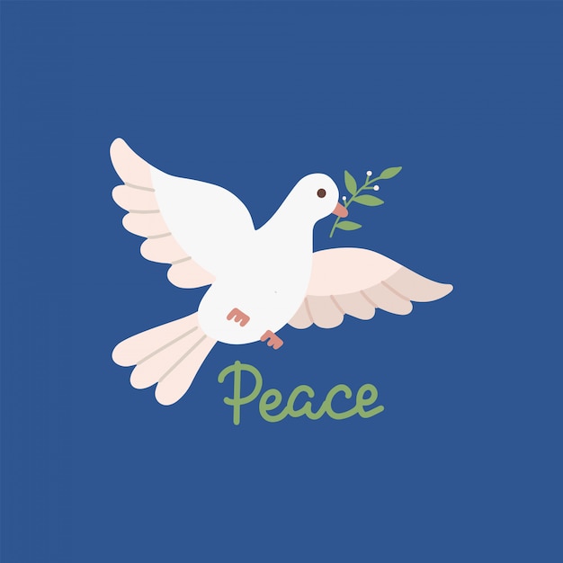 くちばしにグリーンオリーブの小枝がある白い鳩が飛んでいる平和の日のデザイン 暗い青色の背景の平らなイラスト プレミアムベクター