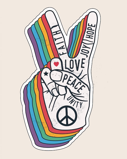 それに言葉で平和手ジェスチャー記号 ポスターやtシャツのデザインの平和愛ステッカーコンセプト ビンテージスタイルのイラスト プレミアムベクター