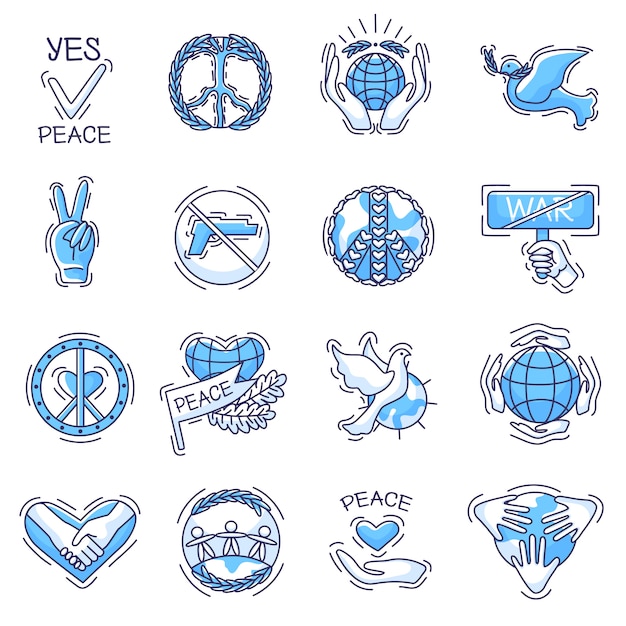 平和と愛の平和ベクトル平和のシンボルまたは平和維持のサインイラスト世界の手と分離された鳩と平和のシンボルのイラストセット プレミアムベクター