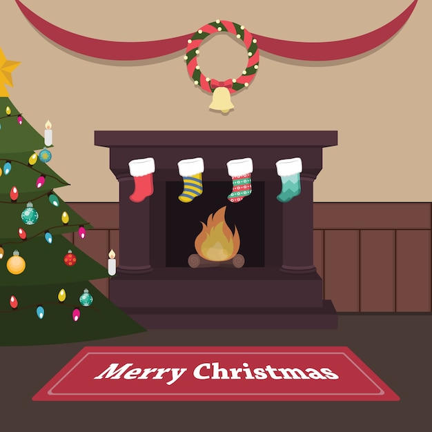 Premium Vector | Peaceful christmas indoor scene with fireplace and ...