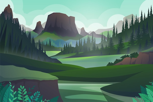 平和な丘と森の木と山の岩 美しい風景 緑とシルエットの屋外冒険 イラスト 無料のベクター