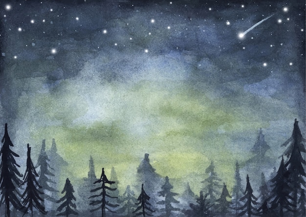 Premium Vector | Peaceful spruce forest under night sky full of stars. fog forest landscape. watercolor illustration.