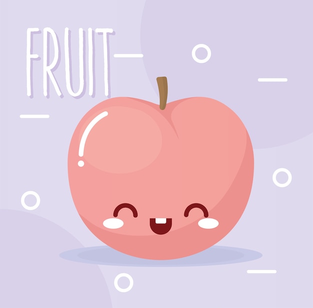 ライトパープルのイラストにフルーツのレタリングと笑顔でかわいいフルーツを桃 プレミアムベクター
