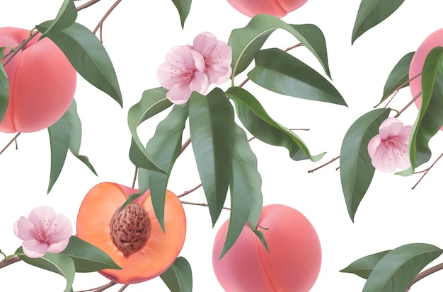 桃 果物の花と葉 シームレスなパターン 3dの現実的なベクトルの背景 プレミアムベクター